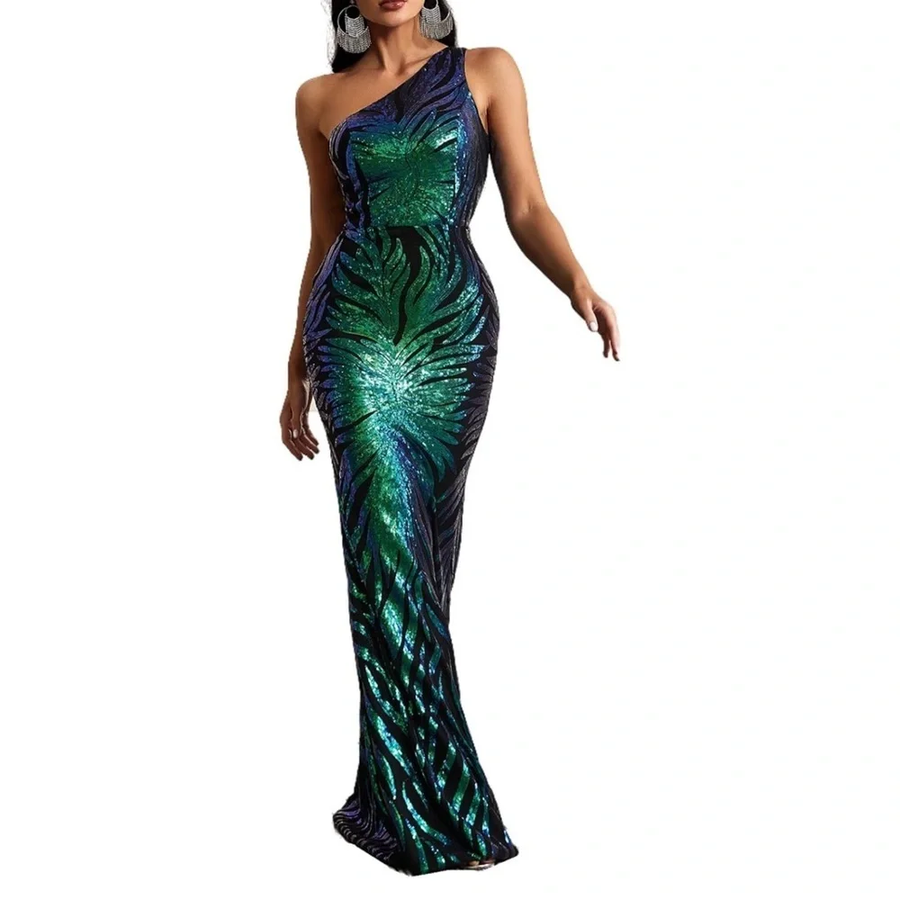 NWOT Elegant Sequin One-Shoulder Dress - Green and Blue large